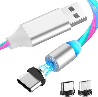 Techsuit - Charging Cable 3in1 LED Flowing Magnetic - USB to Type-C, Micro USB, Lightning, 1m - White