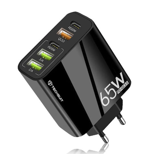 [KF2348534] Techsuit - Premium Wall Charger PentaXPower (CHC2) - 3x USB QC 3.0, 2x Type-C PD 20W, 65W, GaN, Quick Charge - Black